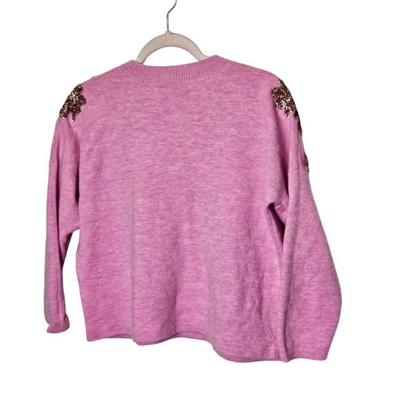 J. Crew‎ Womens Pink Gold Sequined Merino Wool Sweater M Floral Boxy - Picture 2 of 11